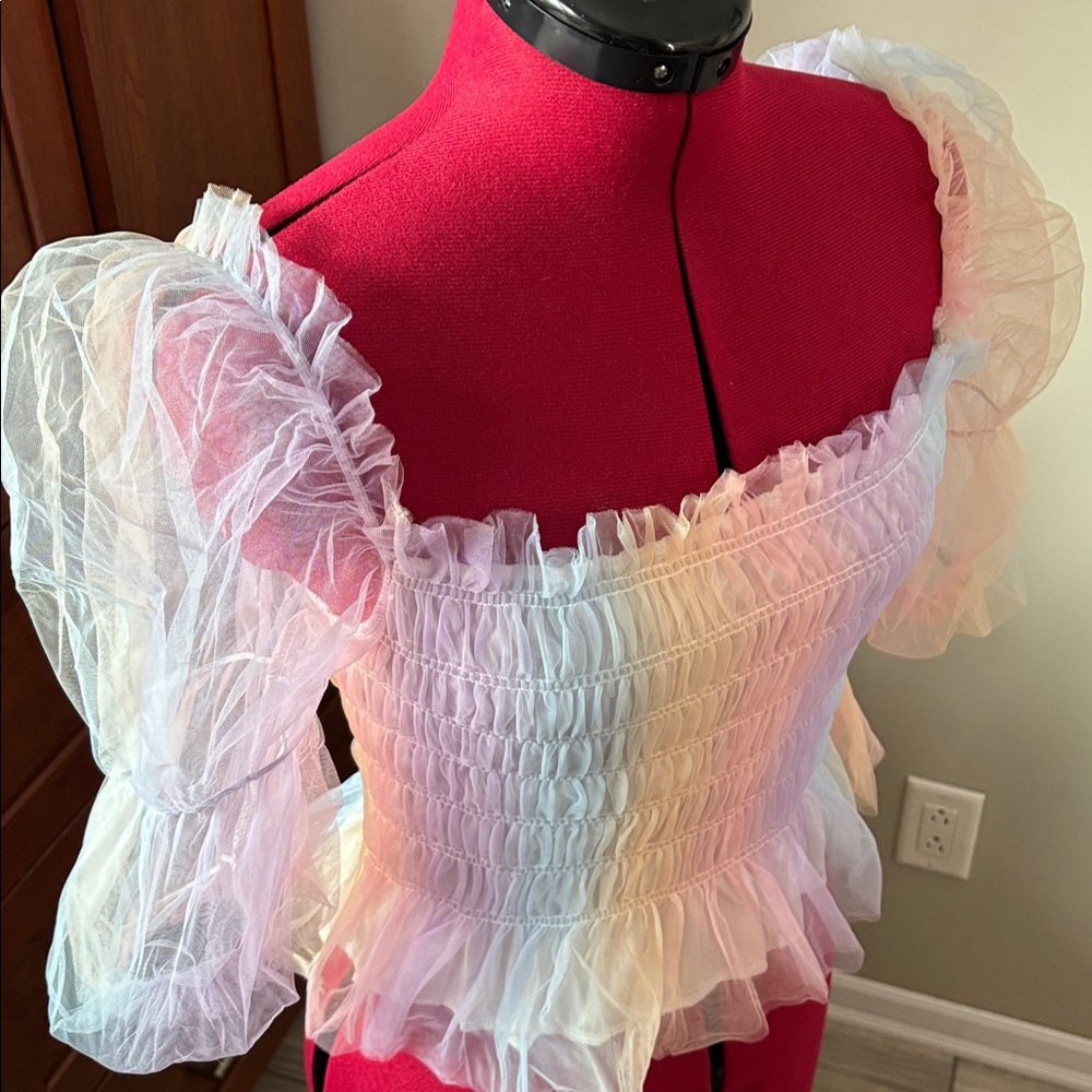 NWOT 🧚 Fairycore Rainbow Puff Sleeve Blouse Tulle Shired Top Sz S - Picture 7 of 9